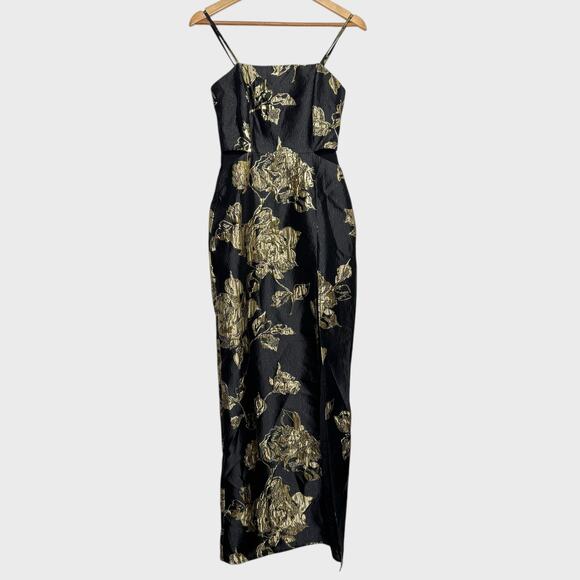Lulus Charming Beauty XS Black Gold Floral Maxi Dress Wedding Guest V-Neck - Picture 1 of 11